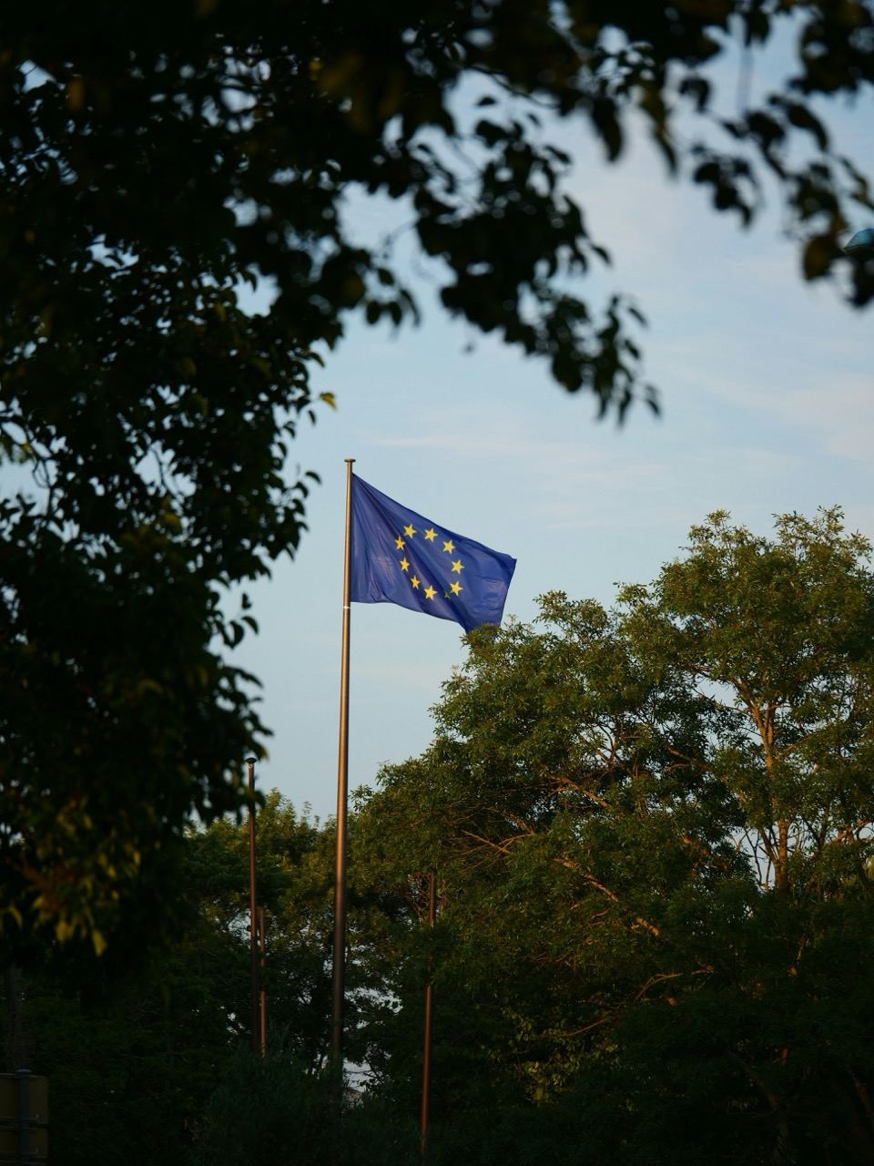 Ibendera ry'Uburayi rihuruka hejuru y'umurongo w'ibiti