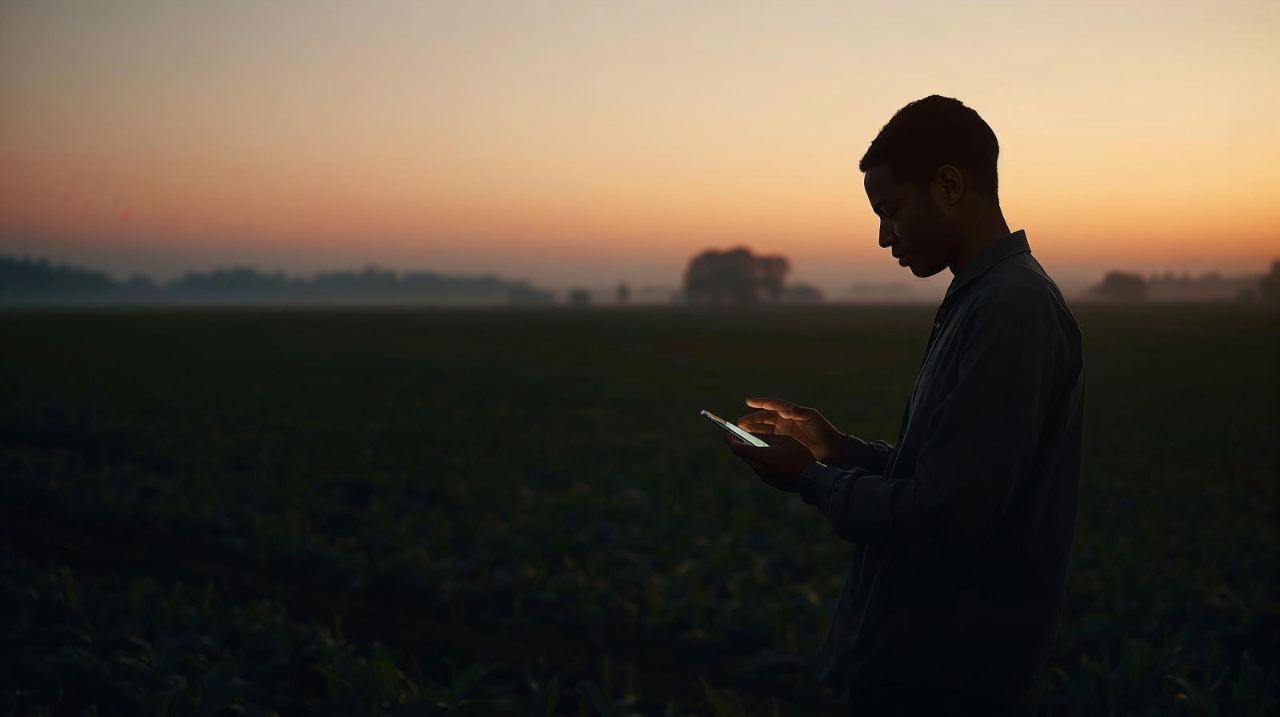 A producer sending a delivery from the app in the field at dusk